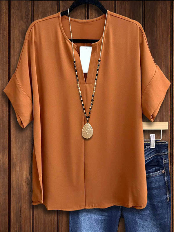 Solid Color V-Neck Casual Blouse