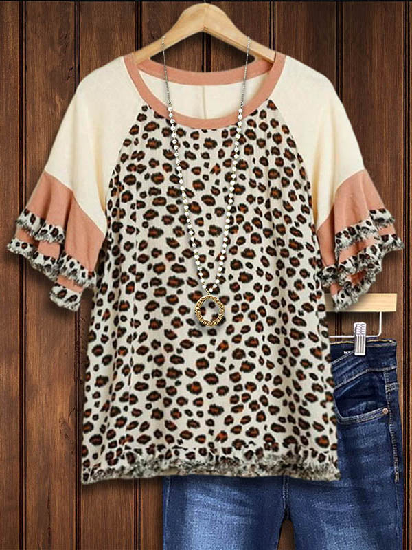 Leopard Print Paneled Ruffled Casual Blouse