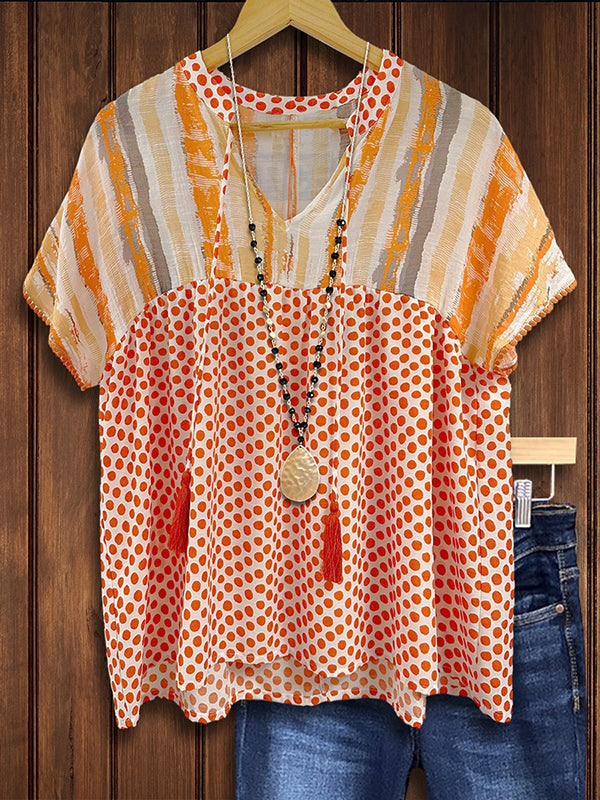 Polka Dot Patchwork Fringed Lace-Up Casual Blouse