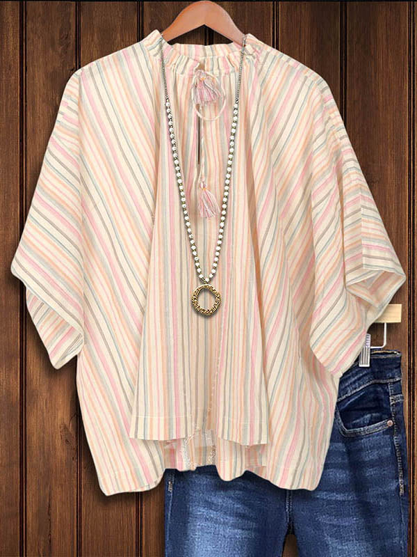 Striped Fringed Lace-Up Loose Casual Blouse