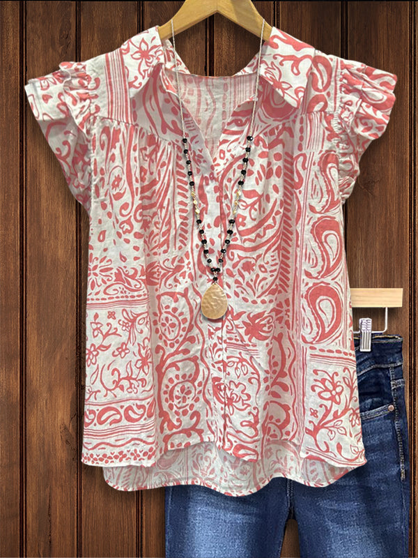 Retro Tribal Print Ruffled Casual Blouse