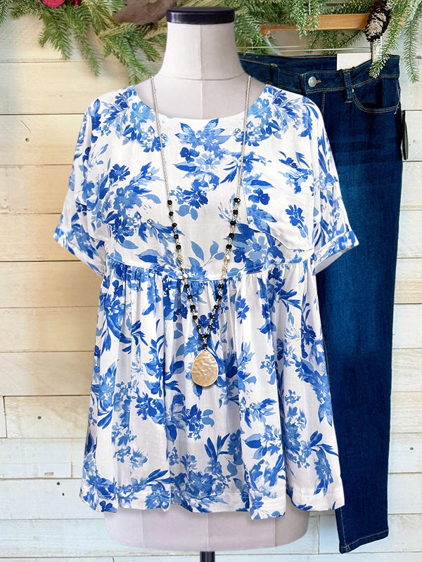 Blue And White Floral Casual Blouse