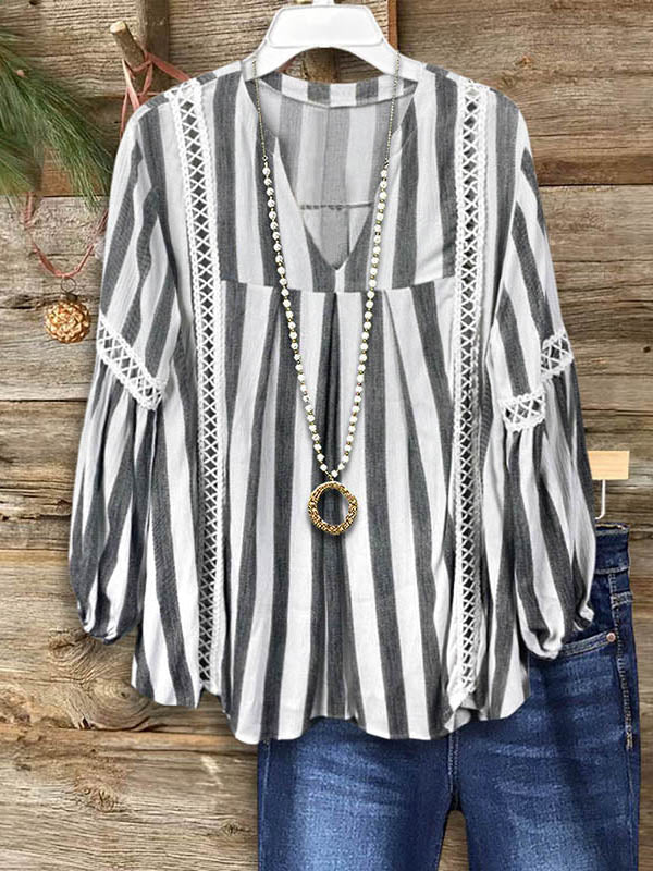 Classic Striped Lace Patchwork Casual Blouse