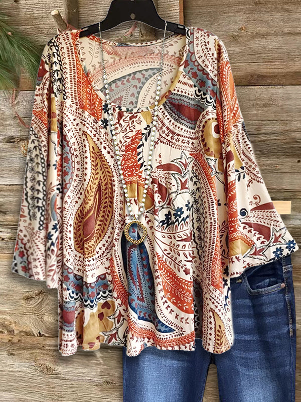 Tribal Print Ruffled Casual Blouse