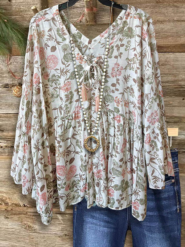 Natural Floral Ruffle Casual Blouse