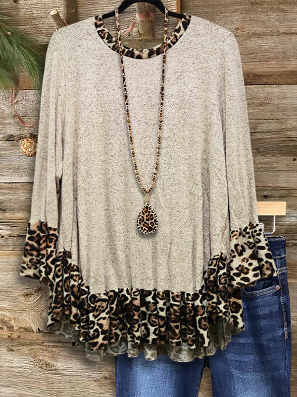 Leopard Print Patchwork Ruffled Blouse