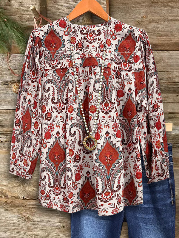 Vintage Tribal Print Ruffled Casual Blouse