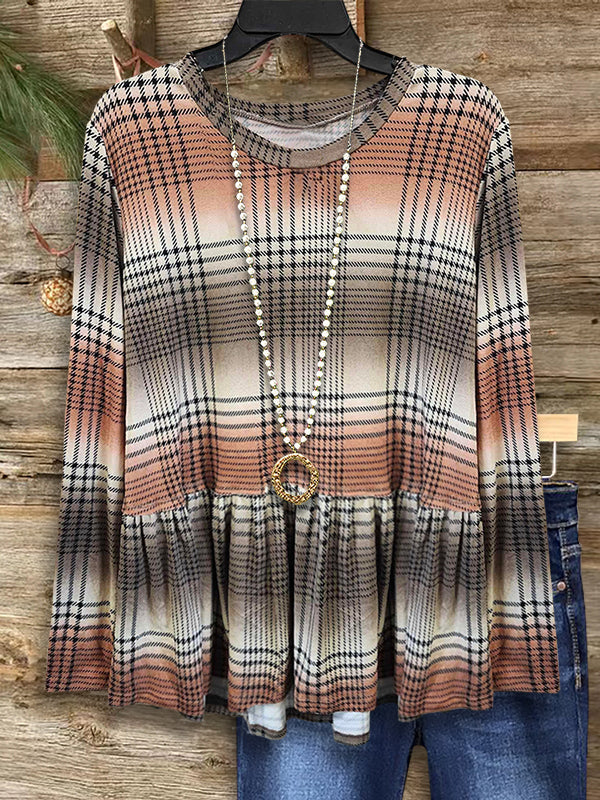 Gradient Plaid Pleated Casual Blouse