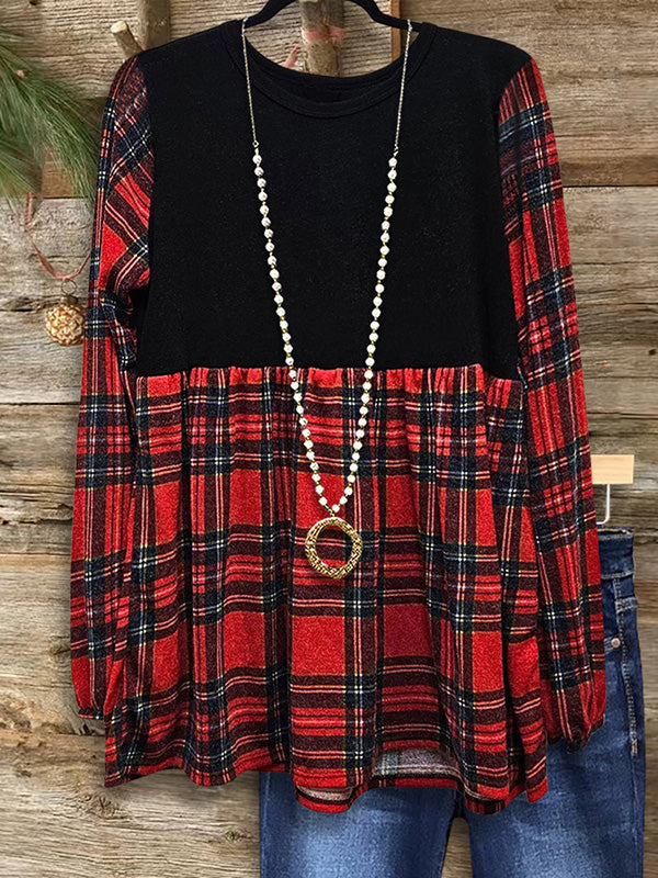 Classic Red Plaid Patchwork Casual Blouse