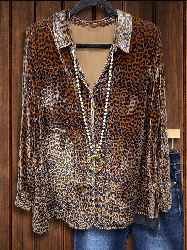 Vintage Leopard Print Velvet Casual Blouse