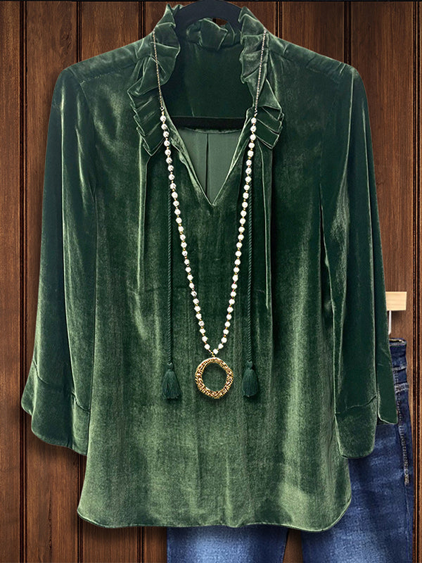 Solid Velvet Ruffled Blouse