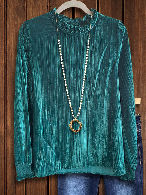 Solid Velvet Ruffled Casual Blouse