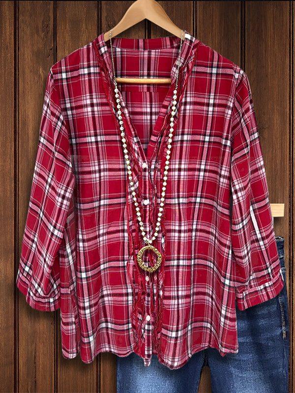 Classic Plaid Ruffled Casual Blouse