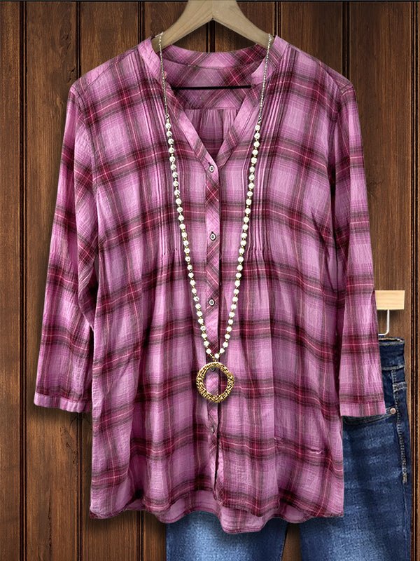 Plaid Pleated Casual Blouse