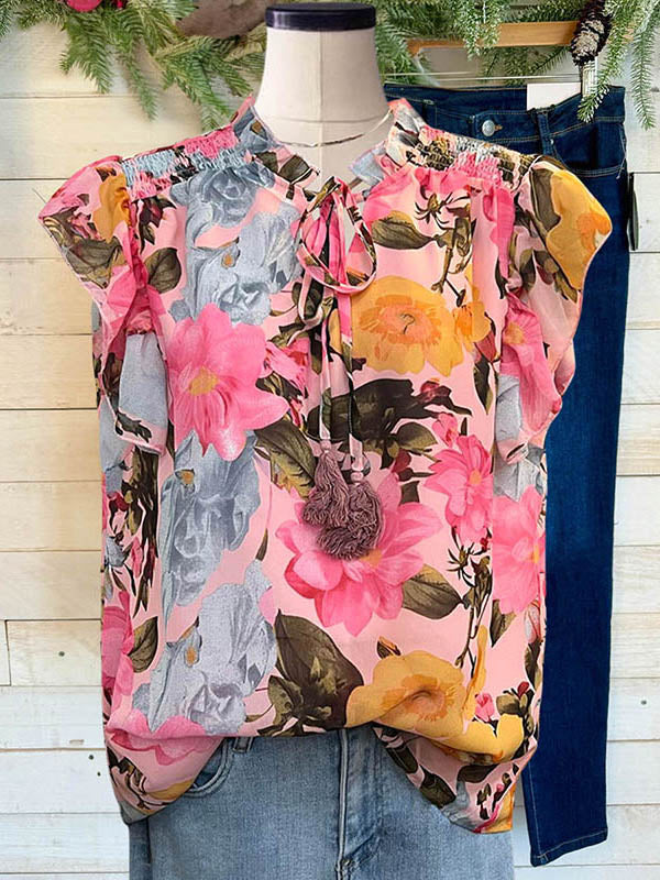 Floral Print Gathered Knotted Blouse