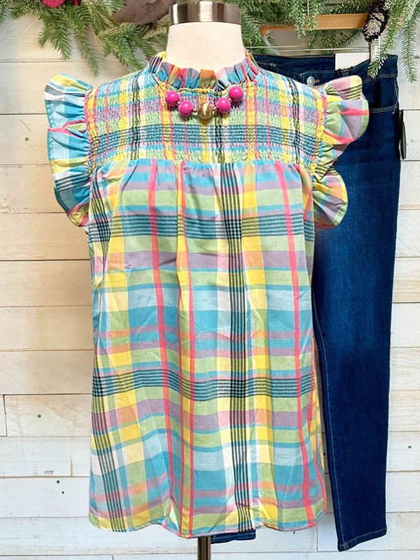 Colorful Check Gathered Detail Blouse