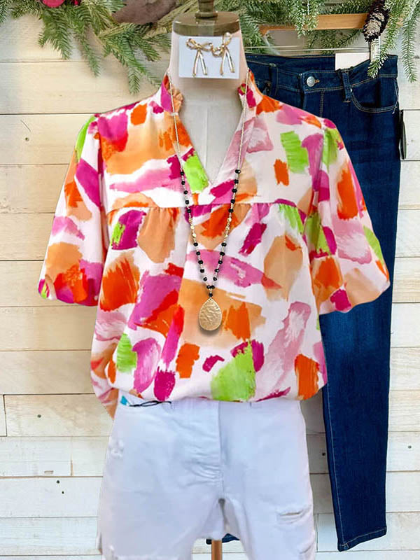 Multicolor Abstract Print Puff Sleeve Blouse