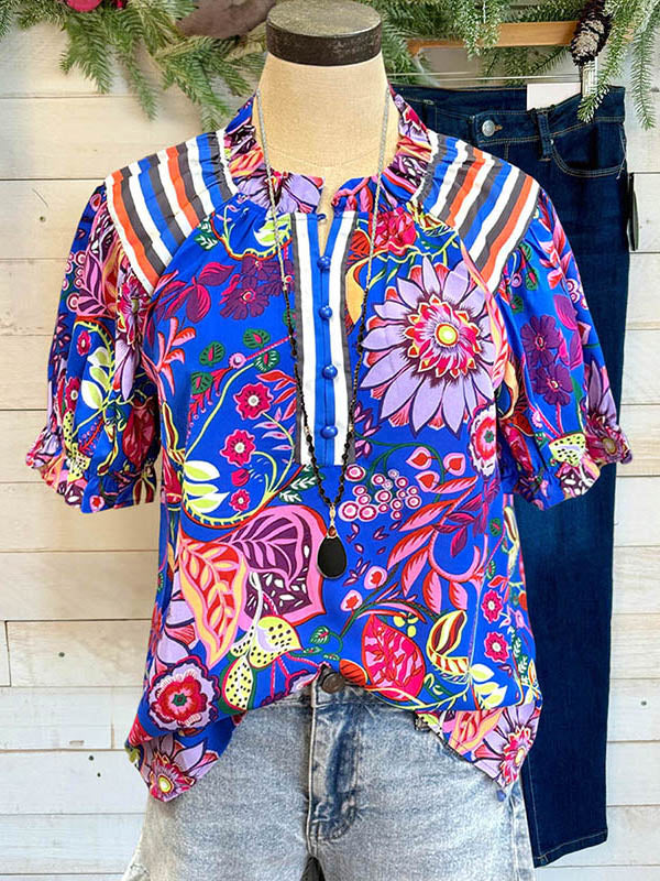 Colorful Floral Print Button Blouse