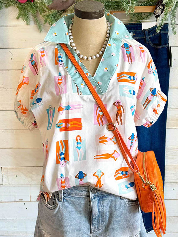 Cartoon Print Lapel Casual Blouse