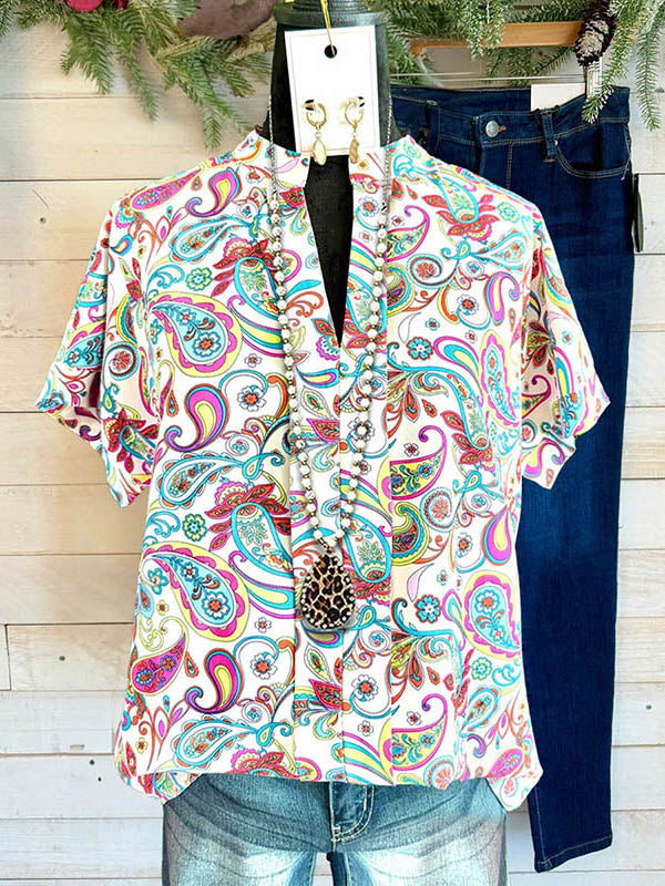 Colorful Paisley Print Split Collar Blouse