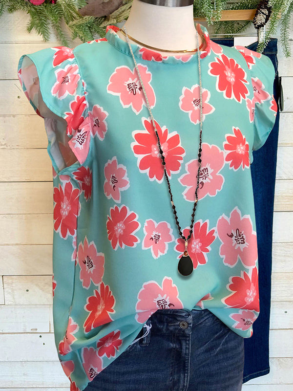 Sweet Floral Print Flowing Sleeve Blouse