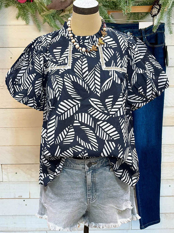 Leaves Print Puff Sleeve Blouse