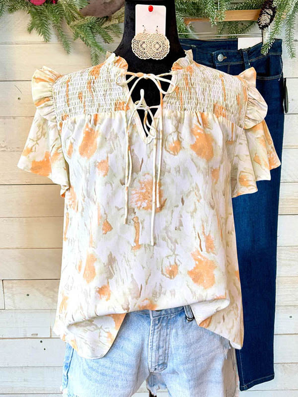 Abstract Floral Ruffle Gathered Blouse