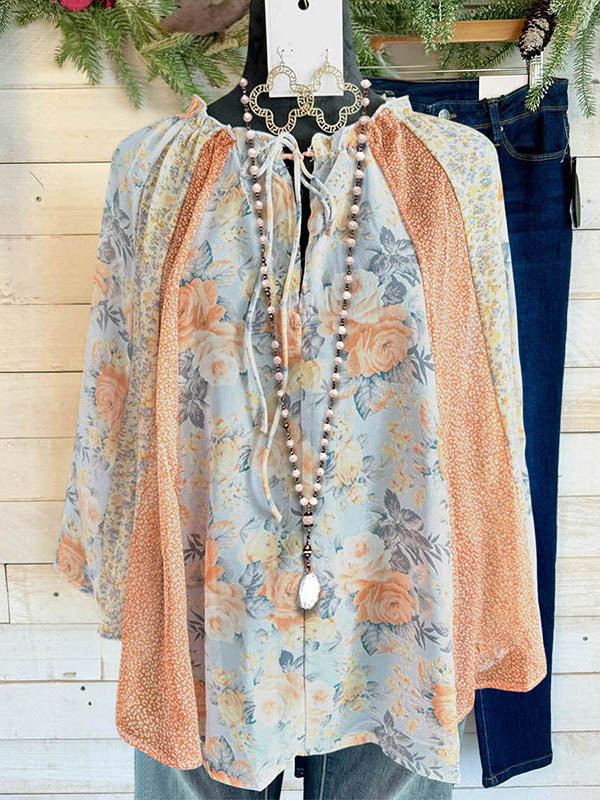 Mixed Floral Print Drawstring Loose Blouse