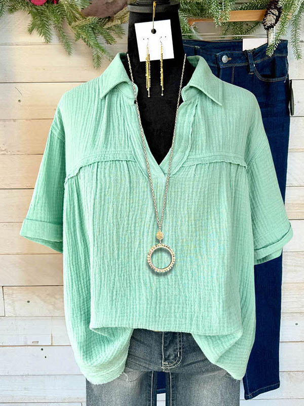 Teal Linen Patchwork Casual Blouse