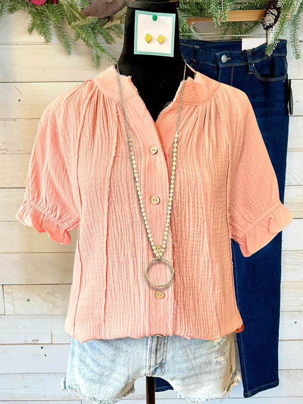 Sweet Puff Sleeve Buttoned Blouse