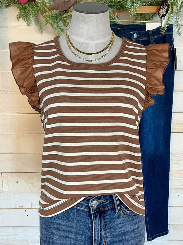 Striped Patchwork Ruffled Casual Blouse