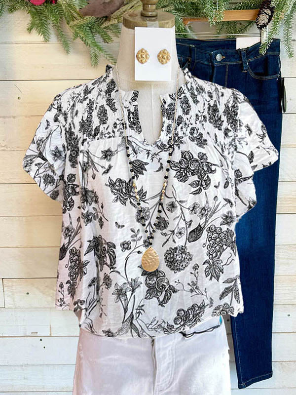 Black And White Floral Ruffled Casual Blouse