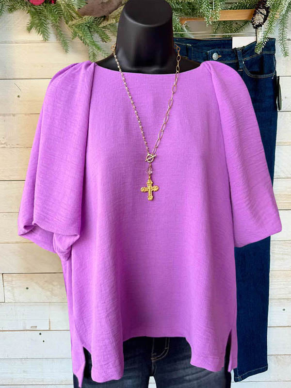 Solid Color Puff Sleeve Casual Blouse