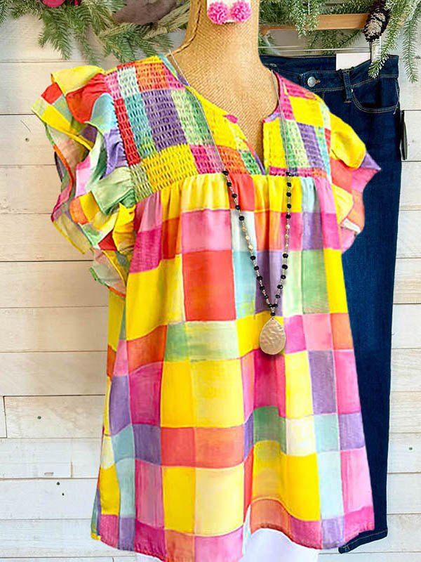 Colorful Plaid Ruffle Fashion Blouse