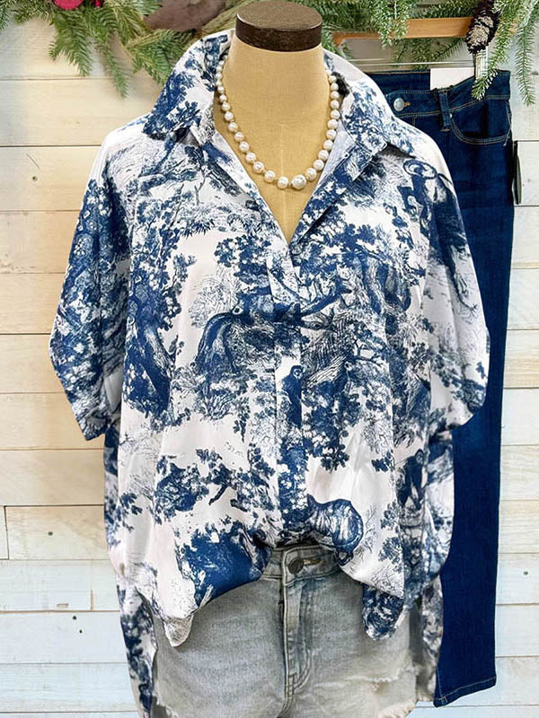 Vintage Blue and White Natural Print Casual Blouse