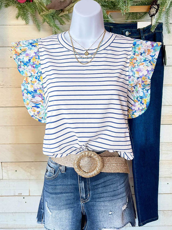 Floral Striped Patchwork Ruffled Casual Blouse