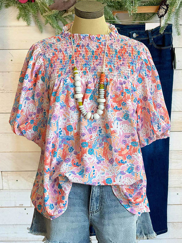 Abstract Floral Ruffle Fashion Blouse
