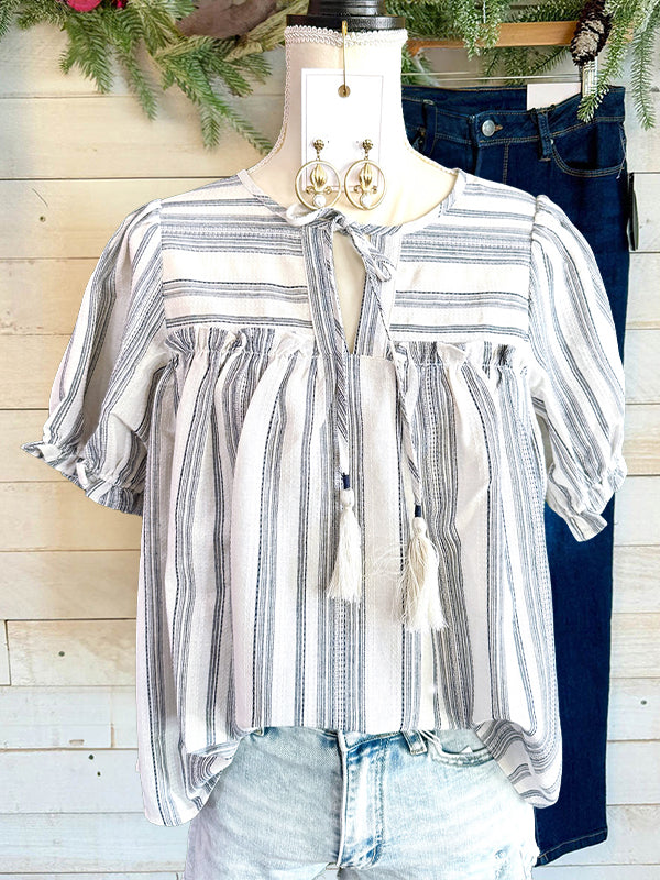 Striped Ruffled Fringed Lace-Up Casual Blouse