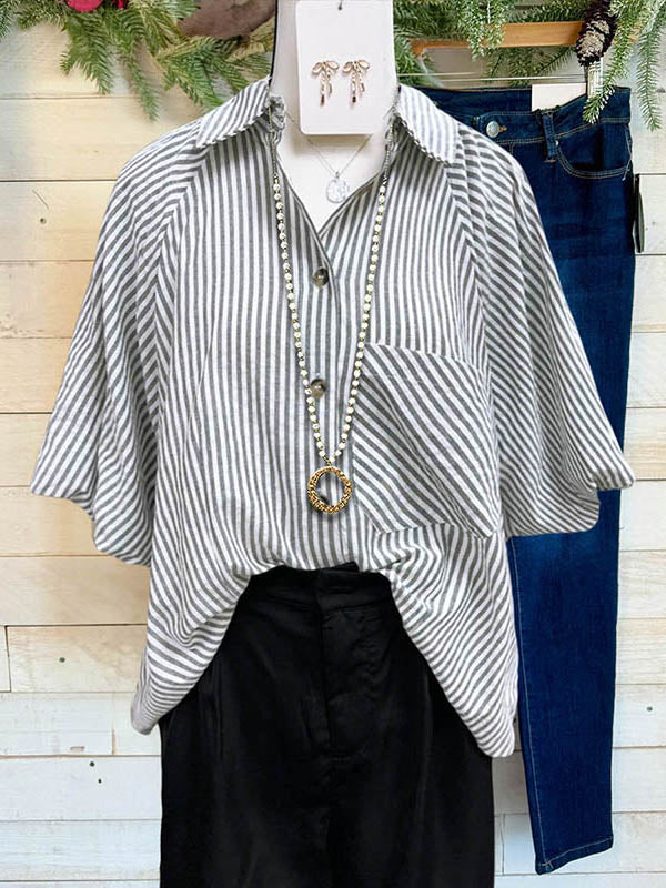 Classic Striped Puff Sleeve Casual Blouse