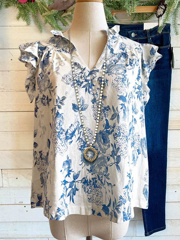 Vintage Blue and White Floral Ruffle Casual Blouse