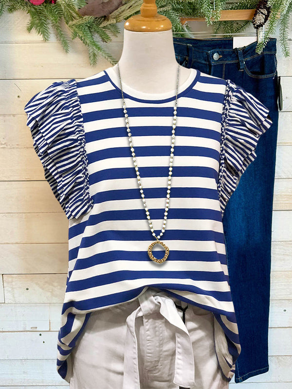 Striped Patchwork Ruffled Casual Blouse