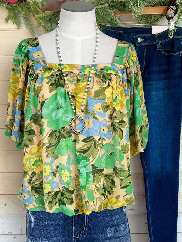 Vibrant Floral Square Neck Top